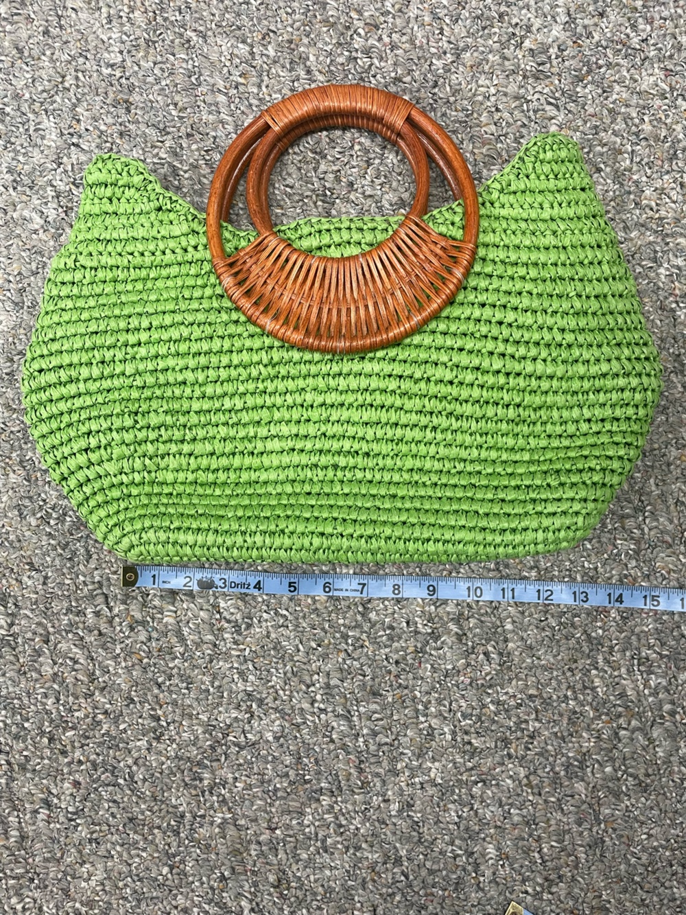 Green Woven Straw Tote with Brown Rattan Handles - Picture 3 of 4